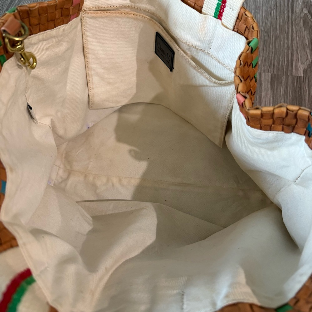 Woven Tan Leather Tote Bag with Multicolor Stripes - Picture 5 of 10
